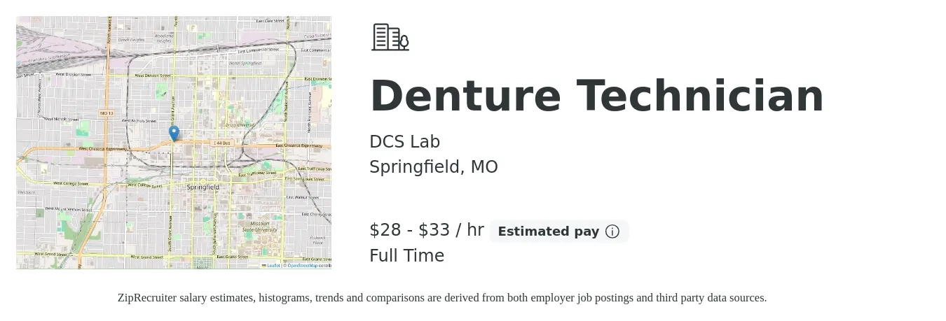 DCS Lab job posting for a Denture Technician in Springfield, MO with a salary of $30 to $35 Hourly with a map of Springfield location.