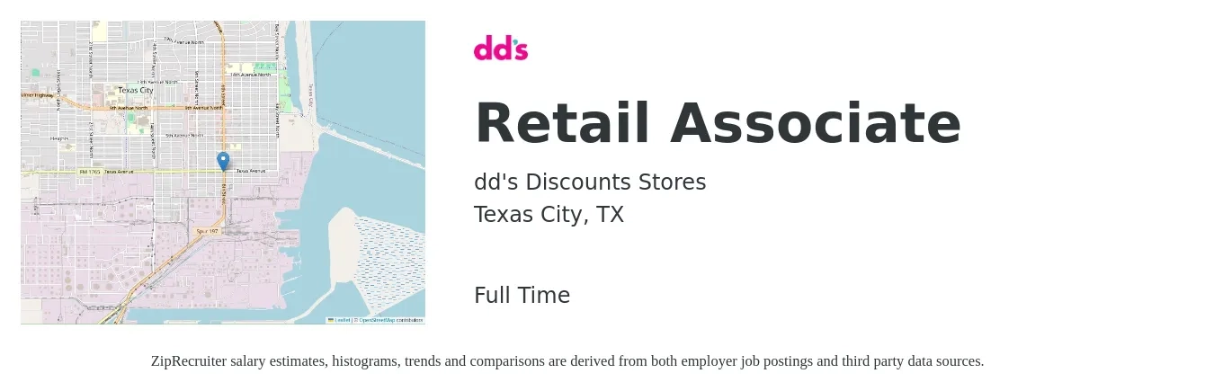 dd's Discounts Stores job posting for a Retail Associate in Texas City, TX with a salary of $13 to $15 Hourly with a map of Texas City location.
