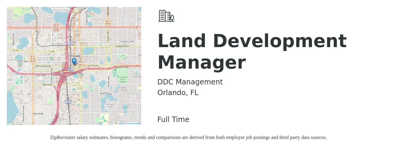 DDC Management job posting for a Land Development Manager in Orlando, FL with a salary of $79,000 to $108,400 Yearly with a map of Orlando location.