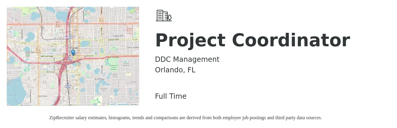 DDC Management job posting for a Project Coordinator in Orlando, FL with a salary of $22 to $32 Hourly with a map of Orlando location.