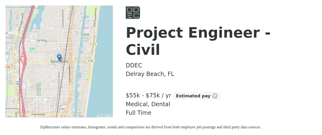 DDEC job posting for a Project Engineer - Civil in Delray Beach, FL with a salary of $55,000 to $75,000 Yearly and benefits including dental, life_insurance, medical, and pto with a map of Delray Beach location.
