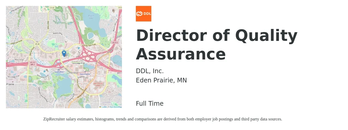 DDL, Inc. job posting for a Director of Quality Assurance in Eden Prairie, MN with a salary of $105,000 to $172,300 Yearly with a map of Eden Prairie location.