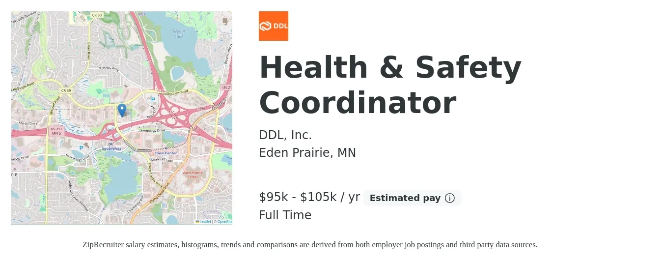 DDL, Inc. job posting for a Health & Safety Coordinator in Eden Prairie, MN with a salary of $95,000 to $105,000 Yearly with a map of Eden Prairie location.
