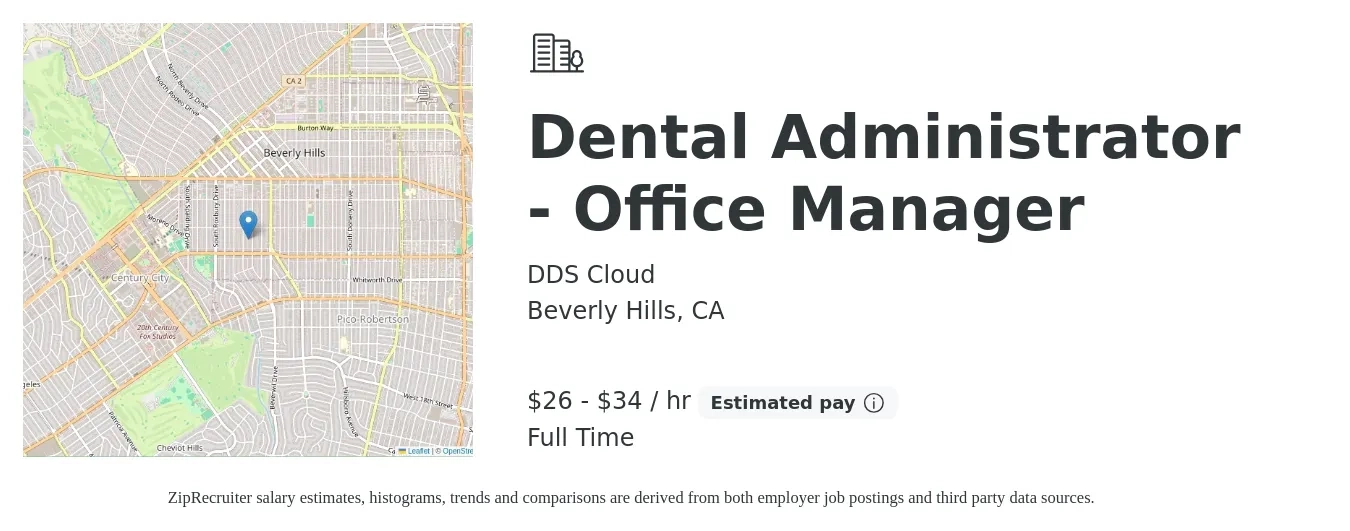 DDS Cloud job posting for a Dental Administrator - Office Manager in Beverly Hills, CA with a salary of $28 to $36 Hourly with a map of Beverly Hills location.