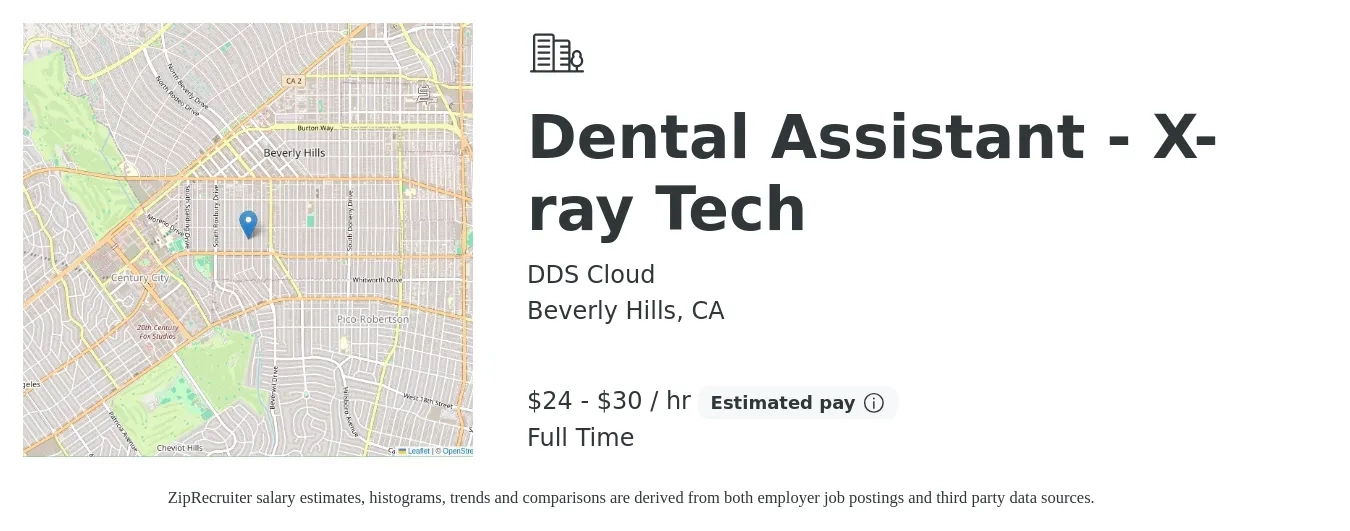 DDS Cloud job posting for a Dental Assistant - X-ray Tech in Beverly Hills, CA with a salary of $25 to $32 Hourly with a map of Beverly Hills location.