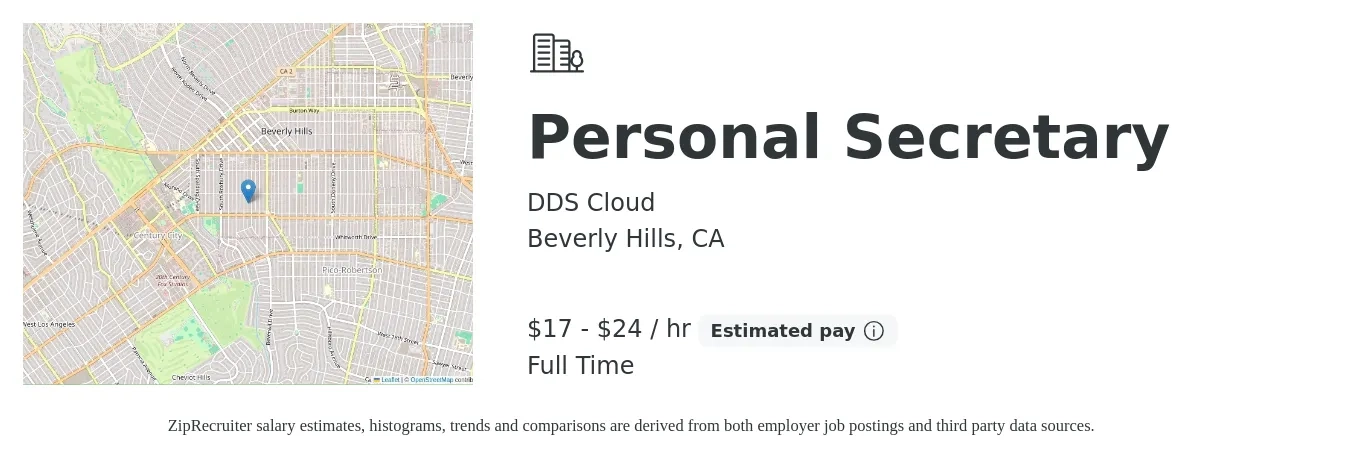 DDS Cloud job posting for a Personal Secretary in Beverly Hills, CA with a salary of $18 to $25 Hourly with a map of Beverly Hills location.