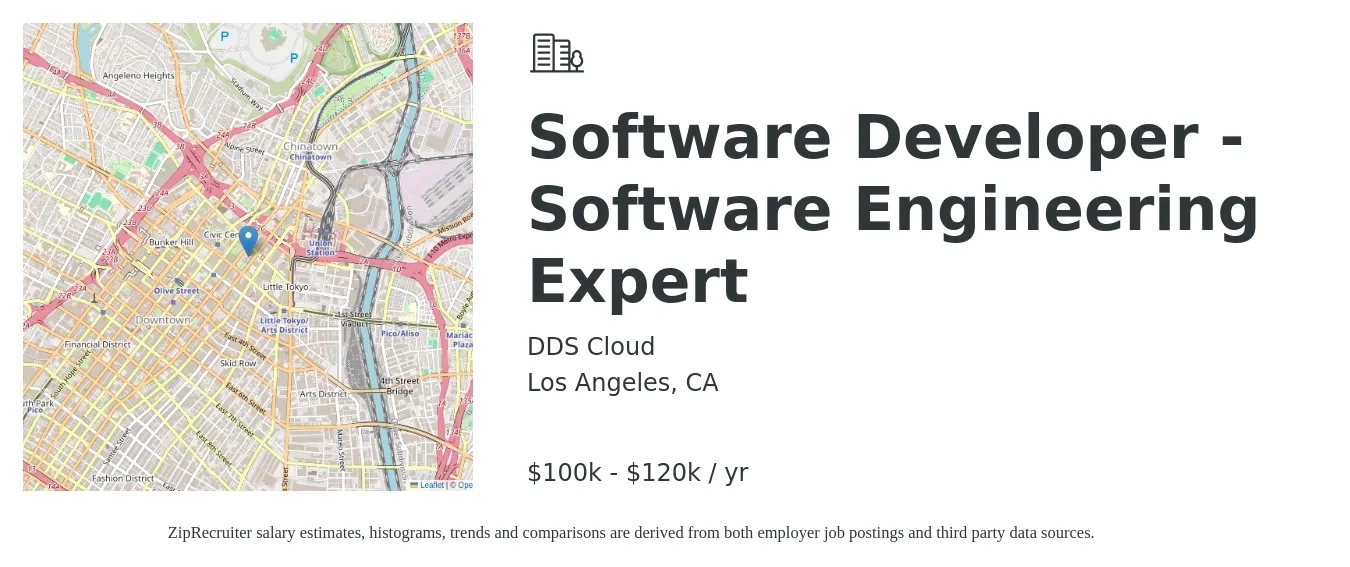 DDS Cloud job posting for a Software Developer - Software Engineering Expert in Los Angeles, CA with a salary of $100,000 to $120,000 Yearly with a map of Los Angeles location.