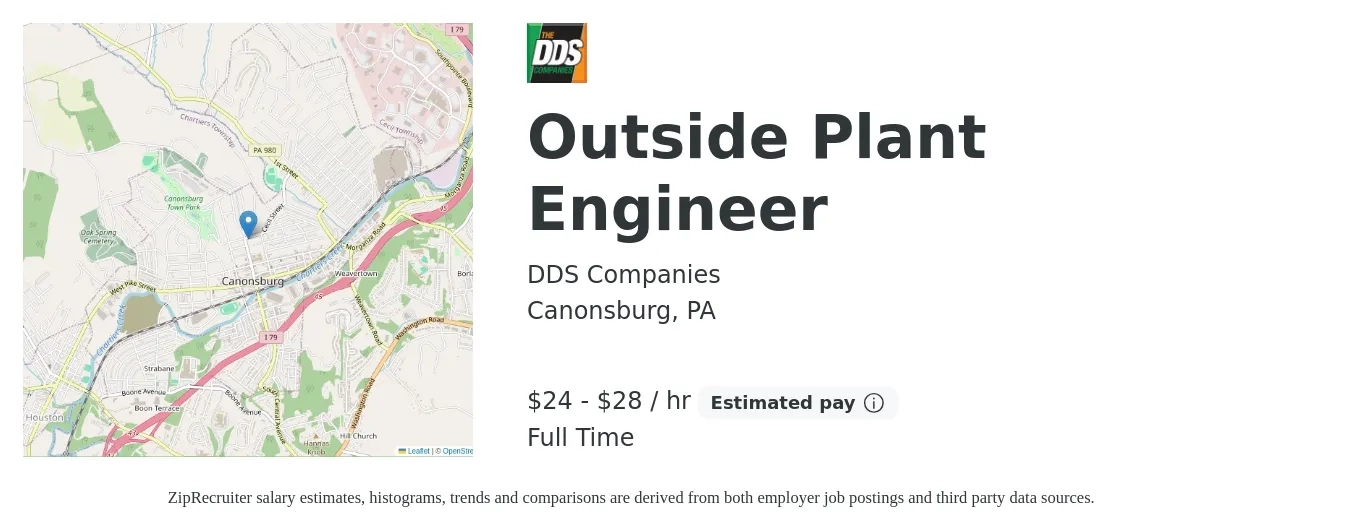 DDS Companies job posting for a Outside Plant Engineer in Canonsburg, PA with a salary of $25 to $30 Hourly with a map of Canonsburg location.