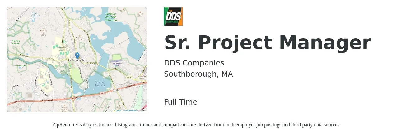 DDS Companies job posting for a Sr. Project Manager in Southborough, MA with a salary of $103,700 to $146,300 Yearly with a map of Southborough location.