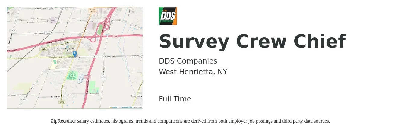 DDS Companies job posting for a Survey Crew Chief in West Henrietta, NY with a salary of $31 to $33 Hourly with a map of West Henrietta location.