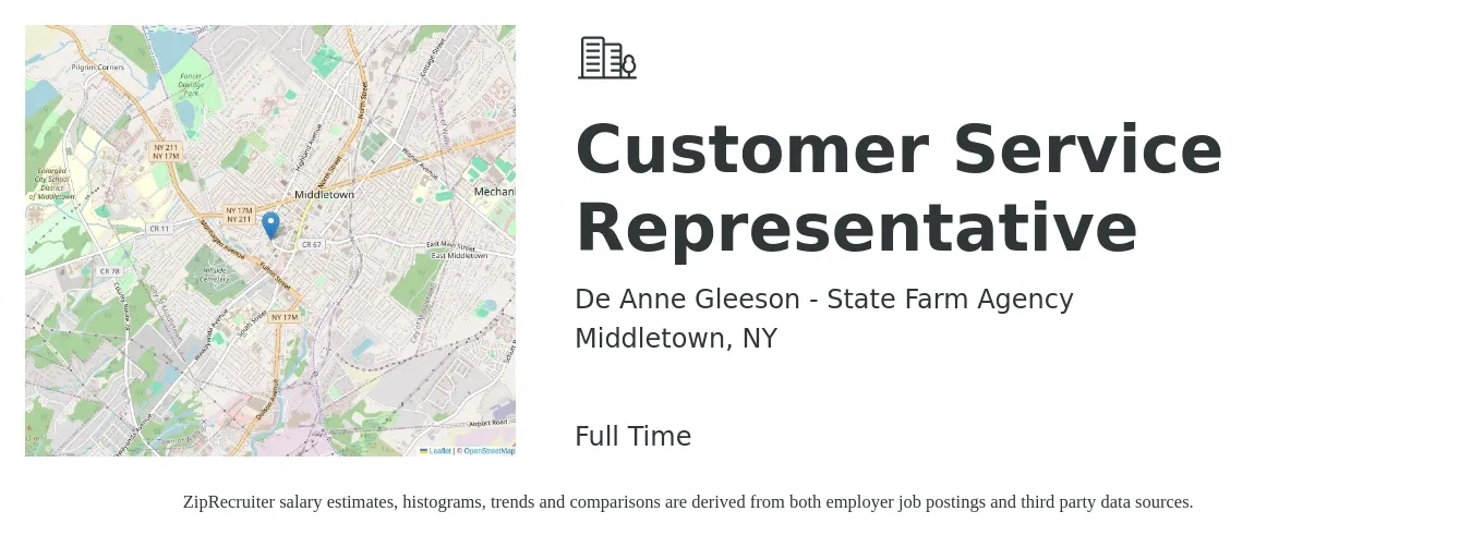 De Anne Gleeson - State Farm Agency job posting for a Customer Service Representative in Middletown, NY with a salary of $16 to $22 Hourly with a map of Middletown location.