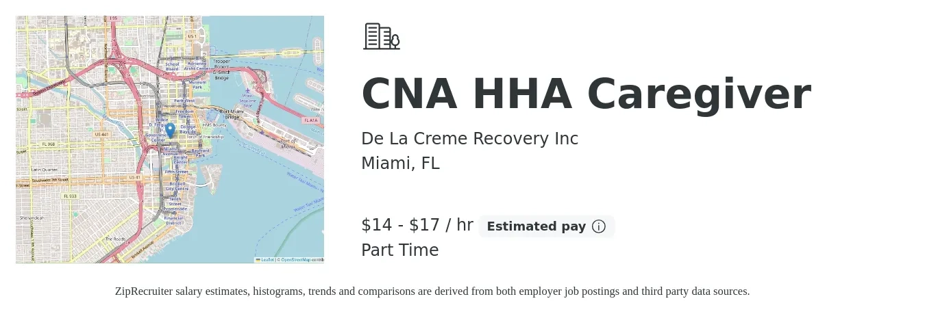 De La Creme Recovery Inc job posting for a CNA HHA Caregiver in Miami, FL with a salary of $15 to $18 Hourly (plus commission) with a map of Miami location.