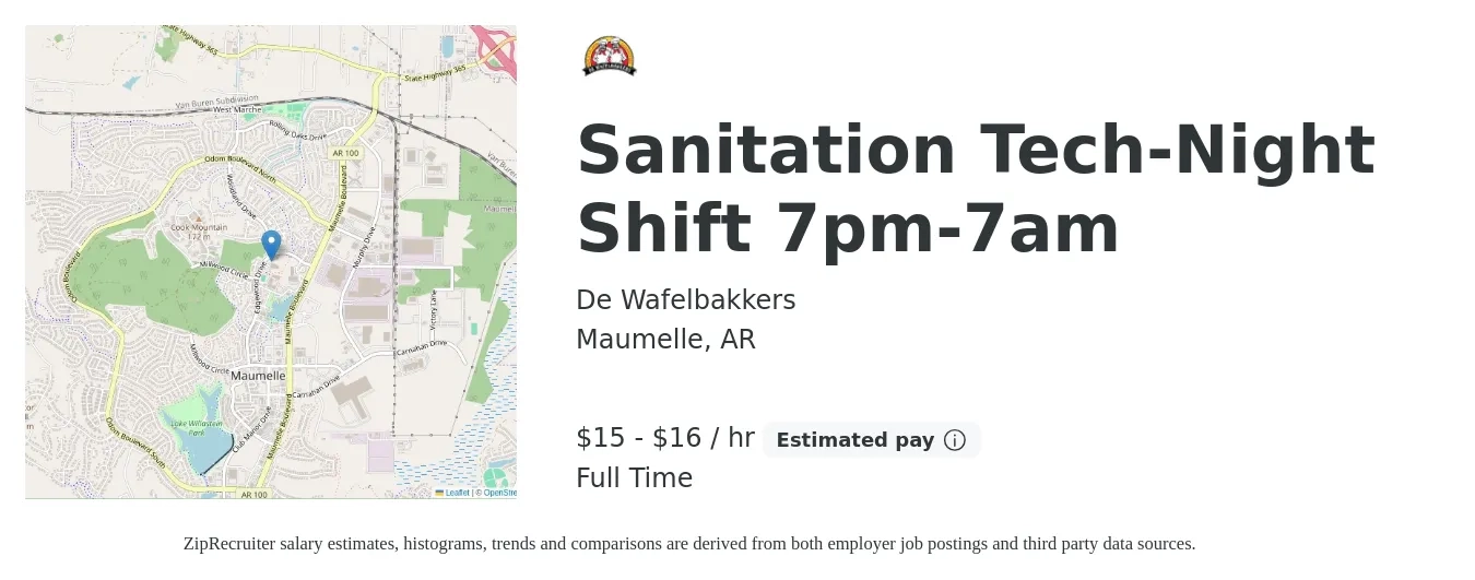 DeWafelbakkers job posting for a Sanitation Tech-Night Shift 7pm-7am in Maumelle, AR with a salary of $16 to $17 Hourly with a map of Maumelle location.
