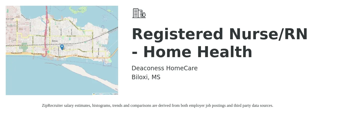 Deaconess HomeCare, LLC job posting for a Registered Nurse/RN - Home Health in Biloxi, MS with a salary of $1,420 to $2,120 Weekly with a map of Biloxi location.