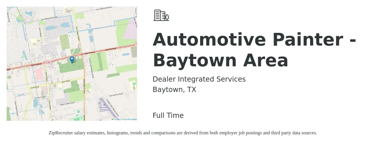 Dealer Integrated Services job posting for a Automotive Painter - Baytown Area in Baytown, TX with a salary of $18 to $27 Hourly with a map of Baytown location.