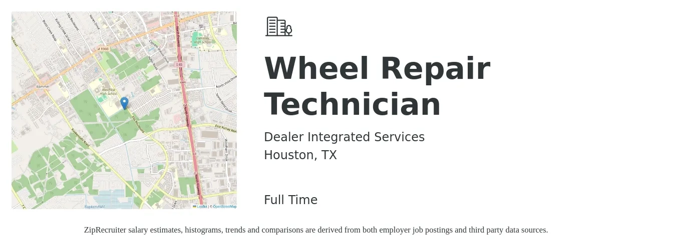 Dealer Integrated Services job posting for a Wheel Repair Technician in Houston, TX with a salary of $19 to $29 Hourly with a map of Houston location.