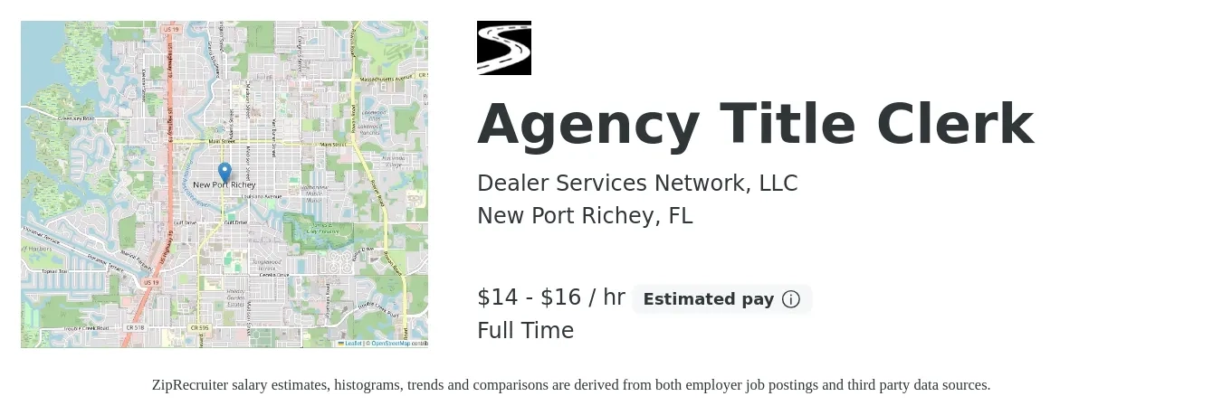 Dealer Services Network, LLC job posting for a Agency Title Clerk in New Port Richey, FL with a salary of $15 to $17 Hourly with a map of New Port Richey location.