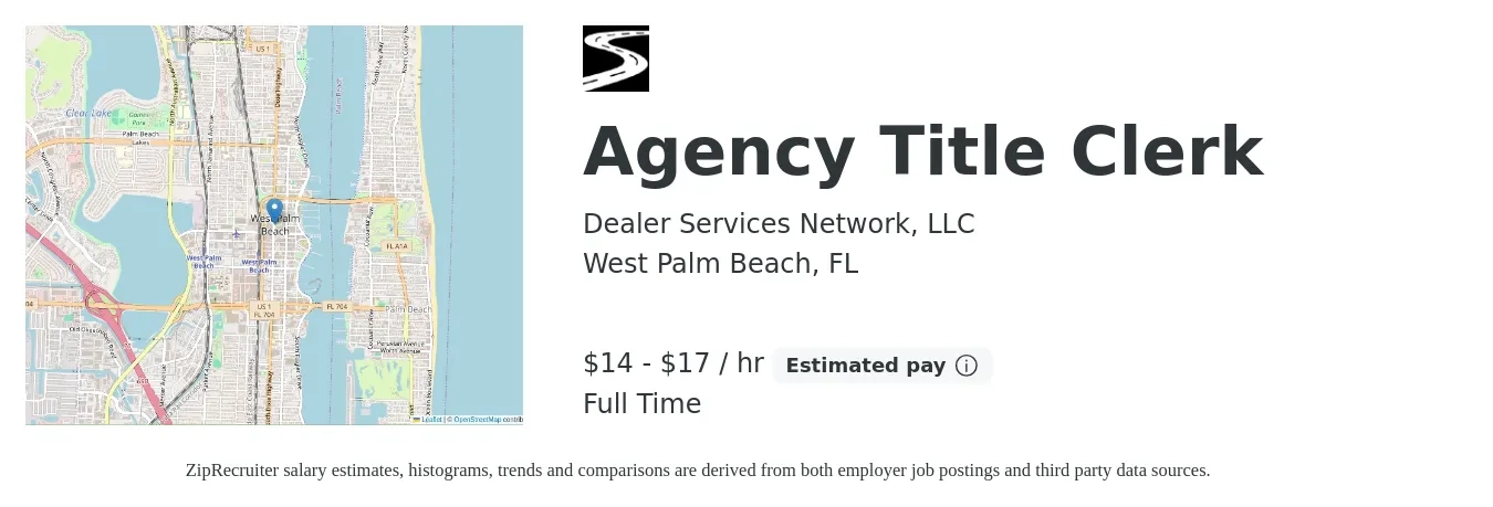 Dealer Services Network, LLC job posting for a Agency Title Clerk in West Palm Beach, FL with a salary of $16 to $18 Hourly with a map of West Palm Beach location.