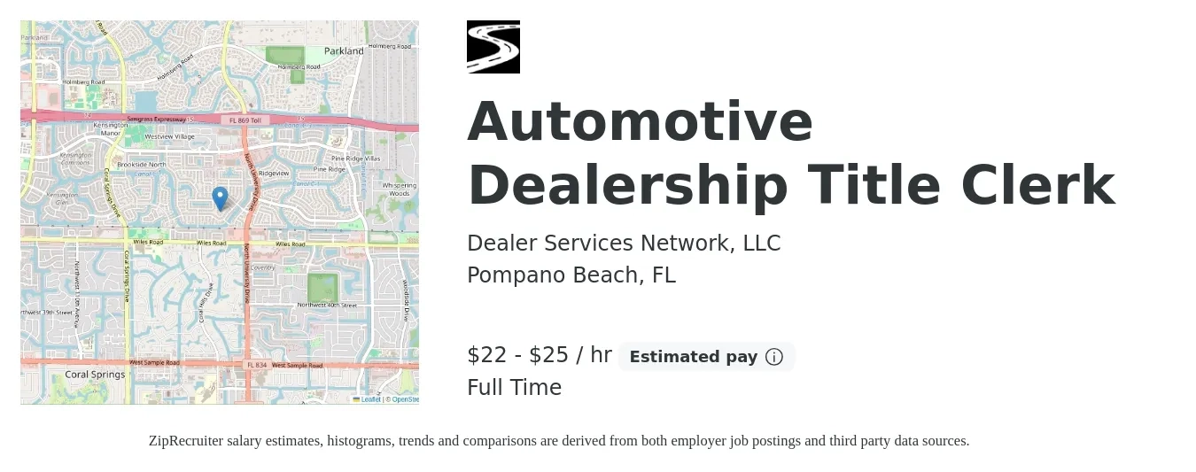 Dealer Services Network, LLC job posting for a Automotive Dealership Title Clerk in Pompano Beach, FL with a salary of $23 to $26 Hourly with a map of Pompano Beach location.