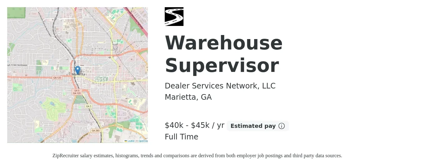 Dealer Services Network, LLC job posting for a Warehouse Supervisor in Marietta, GA with a salary of $40,000 to $45,000 Yearly with a map of Marietta location.