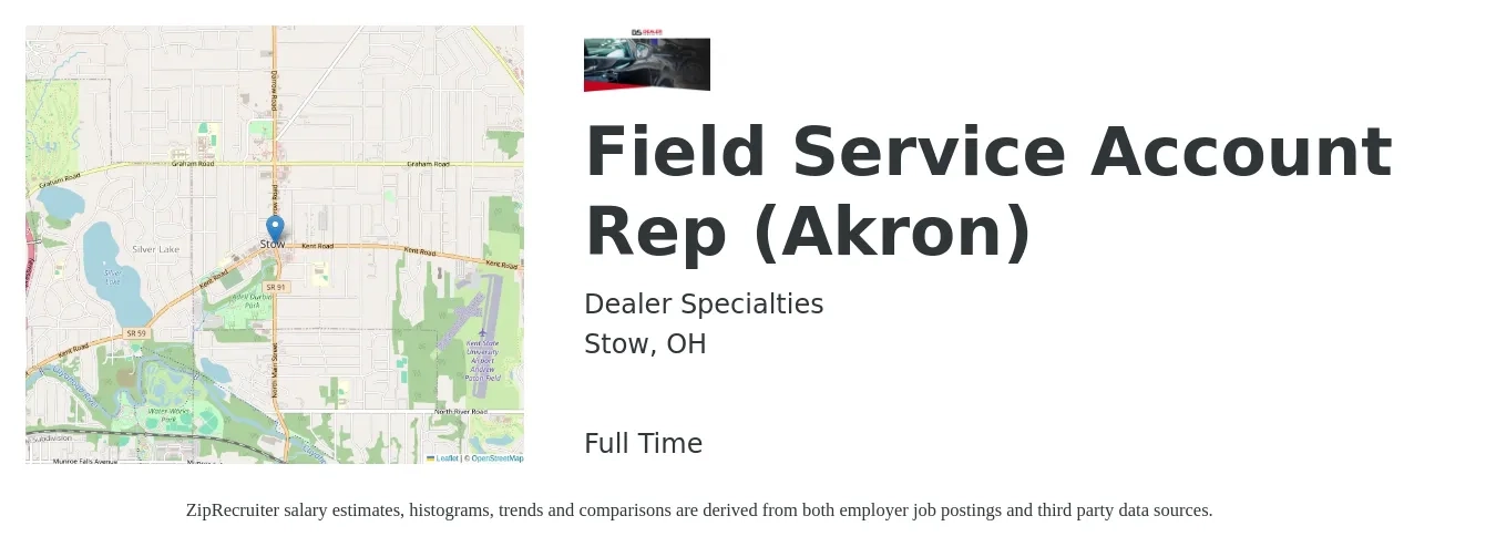 Dealer Specialties job posting for a Field Service Account Rep (Akron) in Stow, OH with a salary of $16 to $18 Hourly with a map of Stow location.