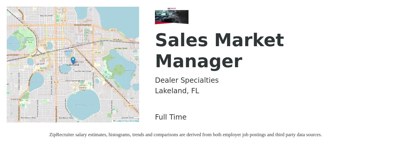 Dealer Specialties job posting for a Sales Market Manager in Lakeland, FL with a salary of $42,000 to $90,000 Yearly with a map of Lakeland location.