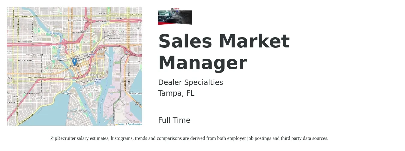 Dealer Specialties job posting for a Sales Market Manager in Tampa, FL with a salary of $42,500 to $91,200 Yearly with a map of Tampa location.