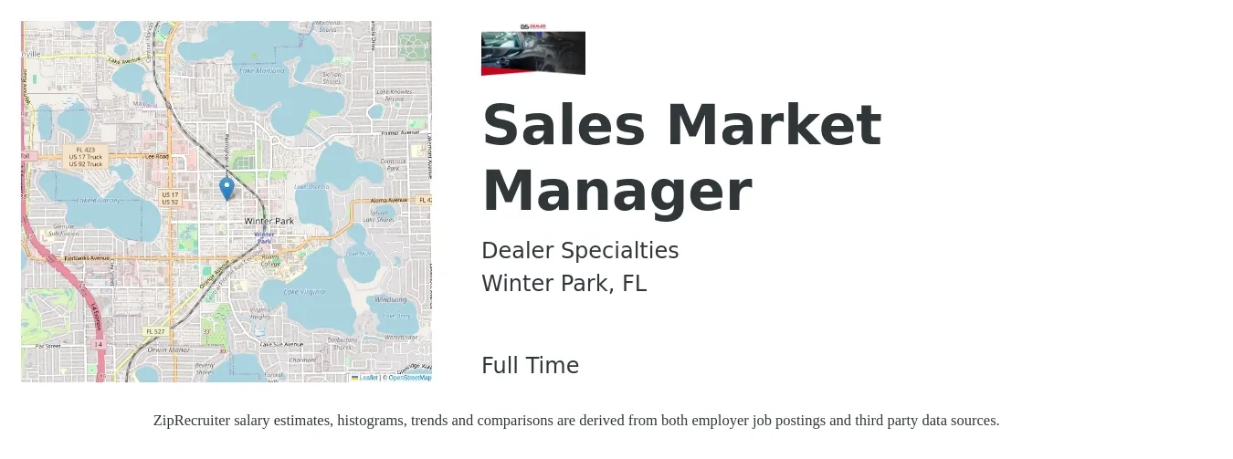 Dealer Specialties job posting for a Sales Market Manager in Winter Park, FL with a salary of $42,300 to $90,600 Yearly with a map of Winter Park location.