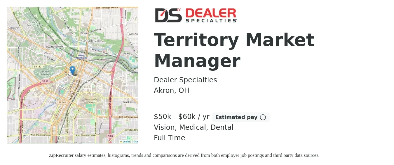 Dealer Specialties job posting for a Territory Market Manager in Akron, OH with a salary of $50,000 to $60,000 Yearly (plus commission) and benefits including medical, pto, retirement, vision, dental, and life_insurance with a map of Akron location.