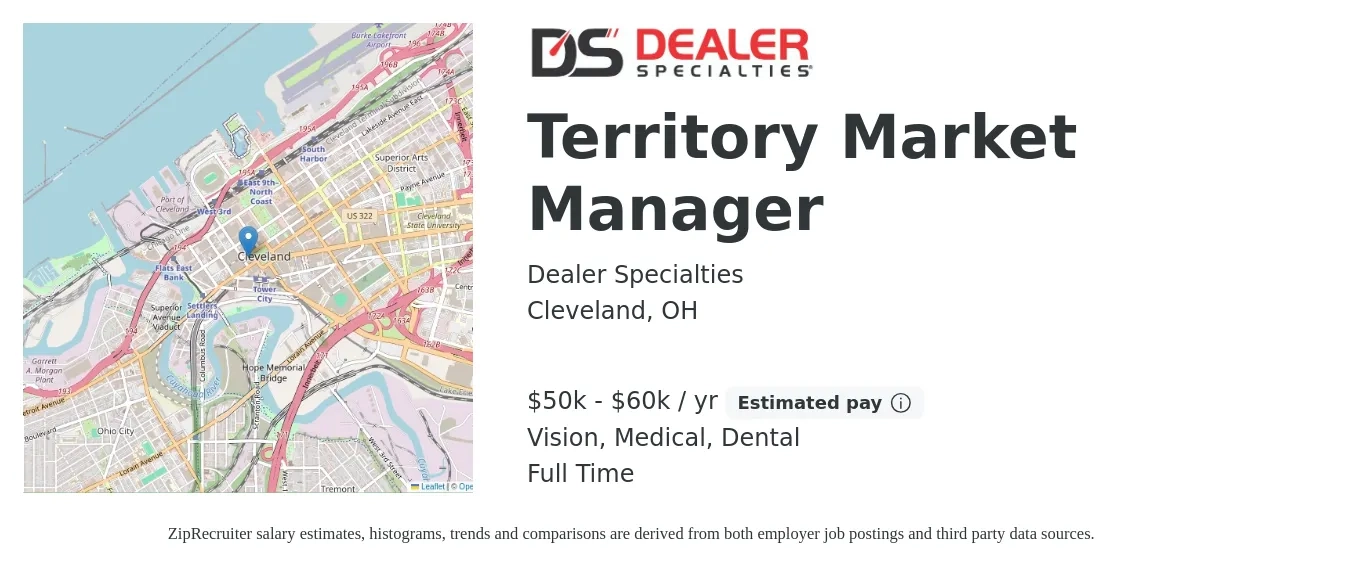 Dealer Specialties job posting for a Territory Market Manager in Cleveland, OH with a salary of $50,000 to $60,000 Yearly (plus commission) and benefits including vision, dental, life_insurance, medical, pto, and retirement with a map of Cleveland location.