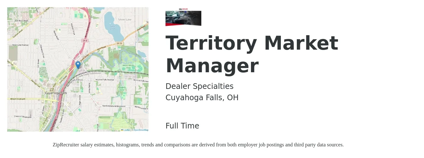 Dealer Specialties job posting for a Territory Market Manager in Cuyahoga Falls, OH with a salary of $66,900 to $99,500 Yearly with a map of Cuyahoga Falls location.