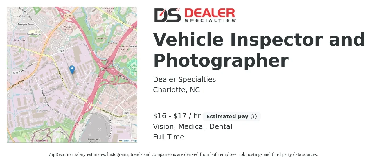 Dealer Specialties job posting for a Vehicle Inspector and Photographer in Charlotte, NC with a salary of $17 to $18 Hourly and benefits including retirement, vision, dental, life_insurance, medical, and pto with a map of Charlotte location.