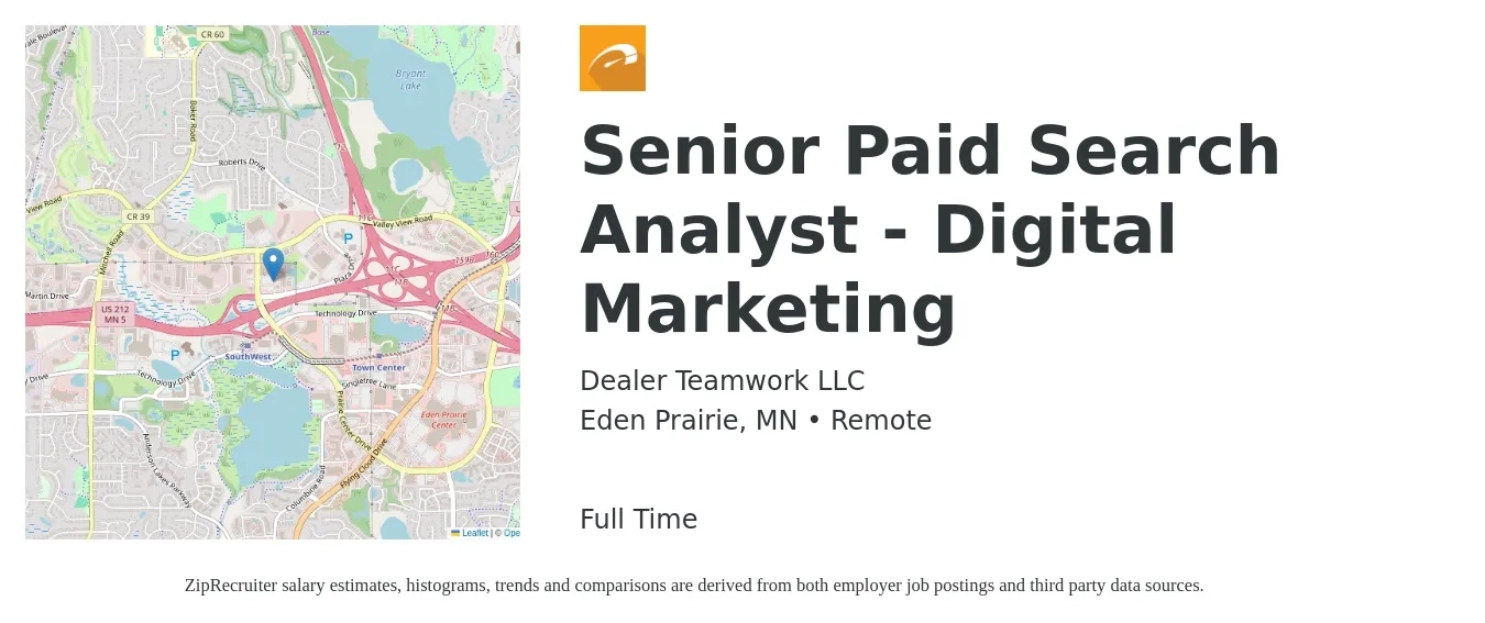 Dealer Teamwork LLC job posting for a Senior Paid Search Analyst - Digital Marketing in Eden Prairie, MN with a map of Eden Prairie location.