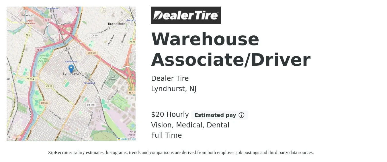 Dealer Tire job posting for a Warehouse Associate/Driver in Lyndhurst, NJ with a salary of $21 Hourly and benefits including medical, retirement, vision, dental, and life_insurance with a map of Lyndhurst location.