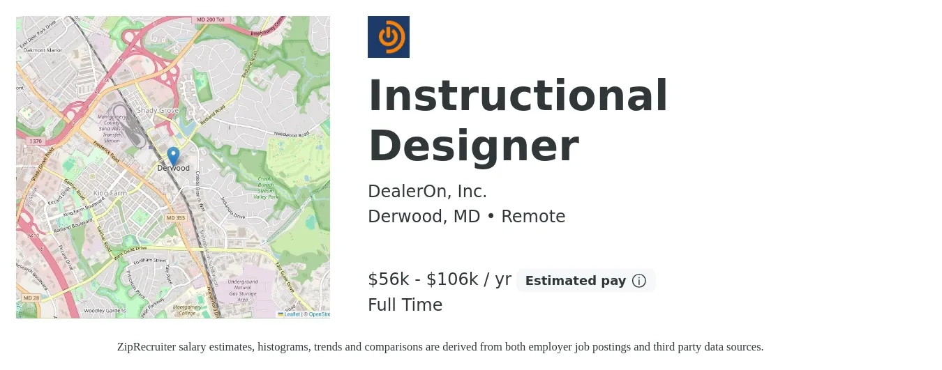 DealerOn, Inc. job posting for a Instructional Designer in Derwood, MD with a salary of $56,500 to $106,800 Yearly with a map of Derwood location.