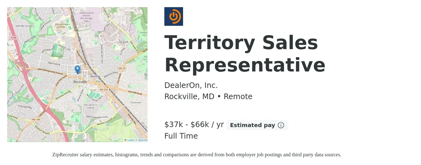 DealerOn, Inc. job posting for a Territory Sales Representative in Rockville, MD with a salary of $37,500 to $66,300 Yearly with a map of Rockville location.