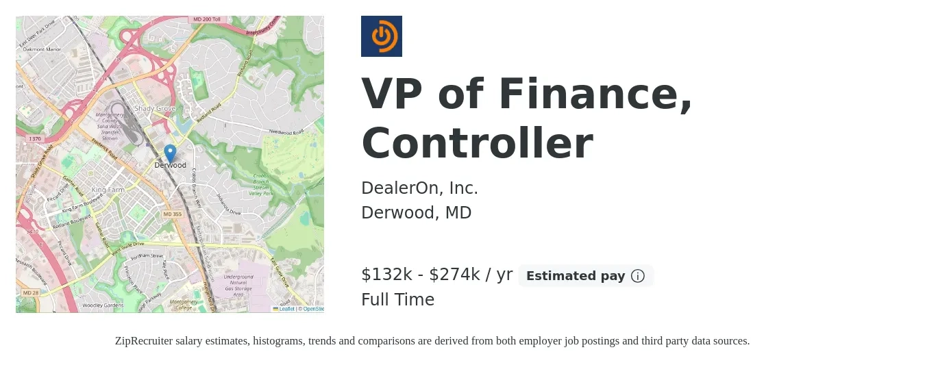 DealerOn, Inc. job posting for a VP of Finance, Controller in Derwood, MD with a salary of $132,400 to $274,200 Yearly with a map of Derwood location.