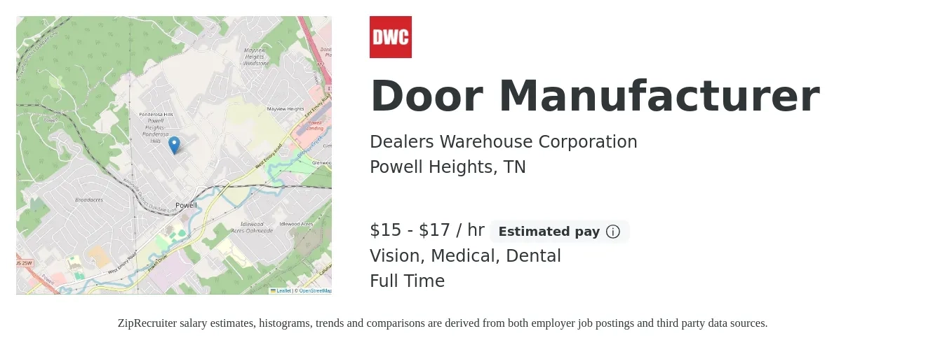 Dealers Warehouse Corporation job posting for a Door Manufacturer in Powell Heights, TN with a salary of $16 to $18 Hourly and benefits including medical, pto, retirement, vision, dental, and life_insurance with a map of Powell Heights location.