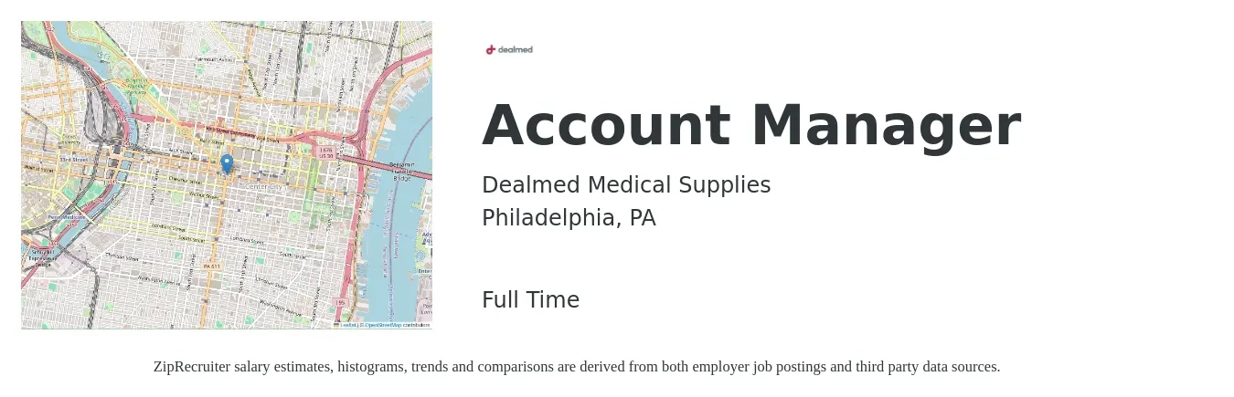 Dealmed Medical Supplies job posting for a Account Manager in Philadelphia, PA with a salary of $48,000 to $78,600 Yearly with a map of Philadelphia location.