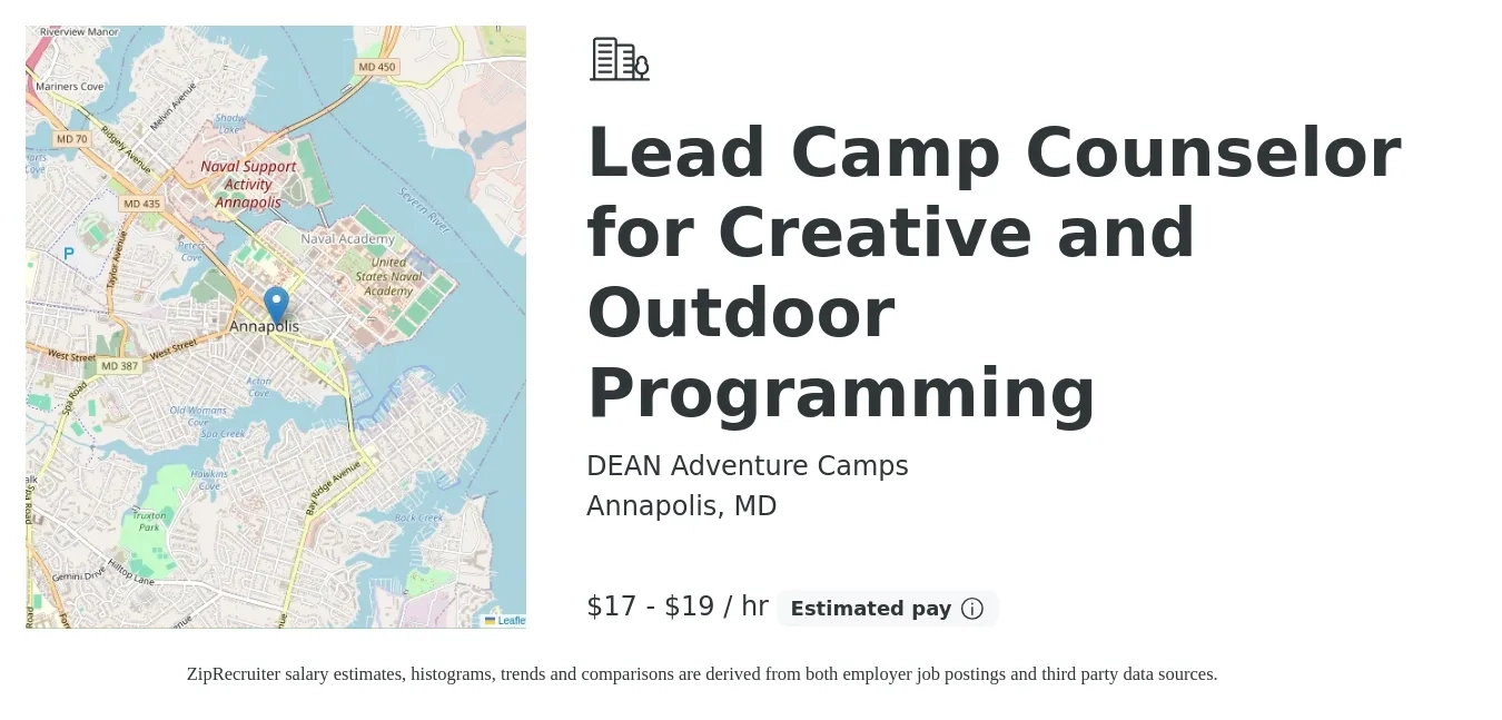 DEAN Adventure Camps job posting for a Lead Camp Counselor for Outdoor Adventure Programming in Annapolis, MD with a salary of $18 to $20 Hourly with a map of Annapolis location.