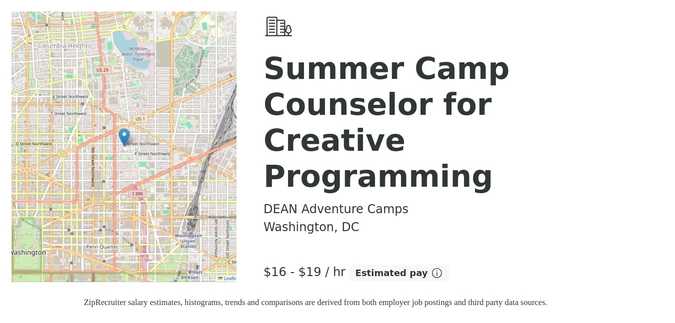 DEAN Adventure Camps job posting for a Summer Camp Counselor for Creative Programming in Washington, DC with a salary of $18 to $20 Hourly with a map of Washington location.