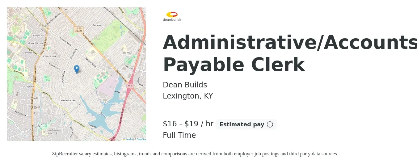 Dean Builds job posting for a Administrative/Accounts Payable Clerk in Lexington, KY with a salary of $17 to $20 Hourly and benefits including pto, retirement, vision, dental, and medical with a map of Lexington location.