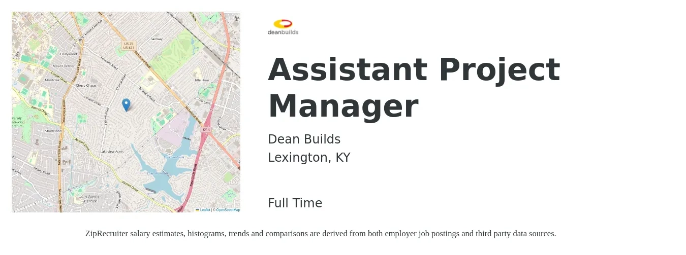Dean Builds job posting for a Assistant Project Manager in Lexington, KY with a salary of $45,900 to $75,600 Yearly with a map of Lexington location.