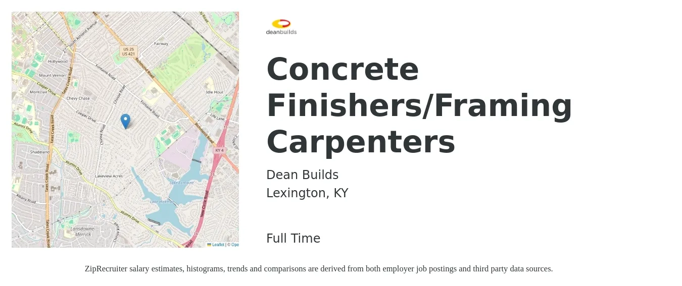 Dean Builds job posting for a Concrete Finishers/Framing Carpenters in Lexington, KY with a salary of $20 to $27 Hourly with a map of Lexington location.