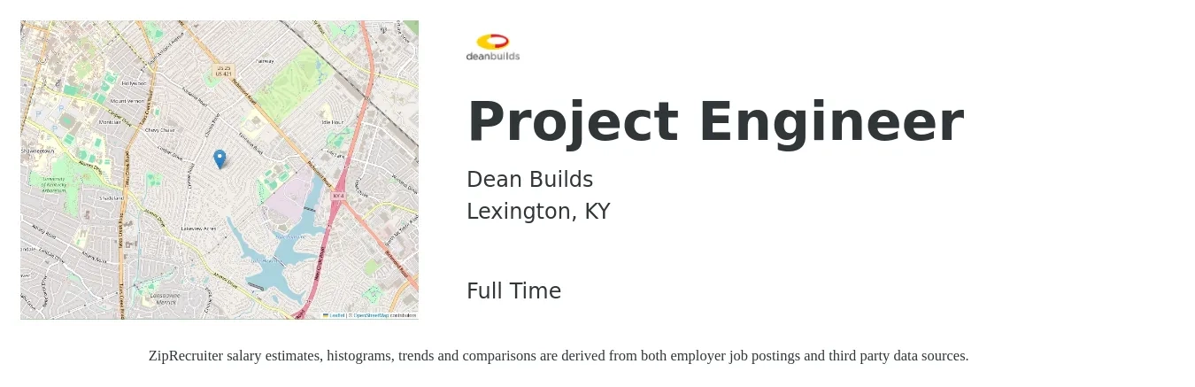 Dean Builds job posting for a Project Engineer in Lexington, KY with a salary of $63,600 to $88,900 Yearly with a map of Lexington location.