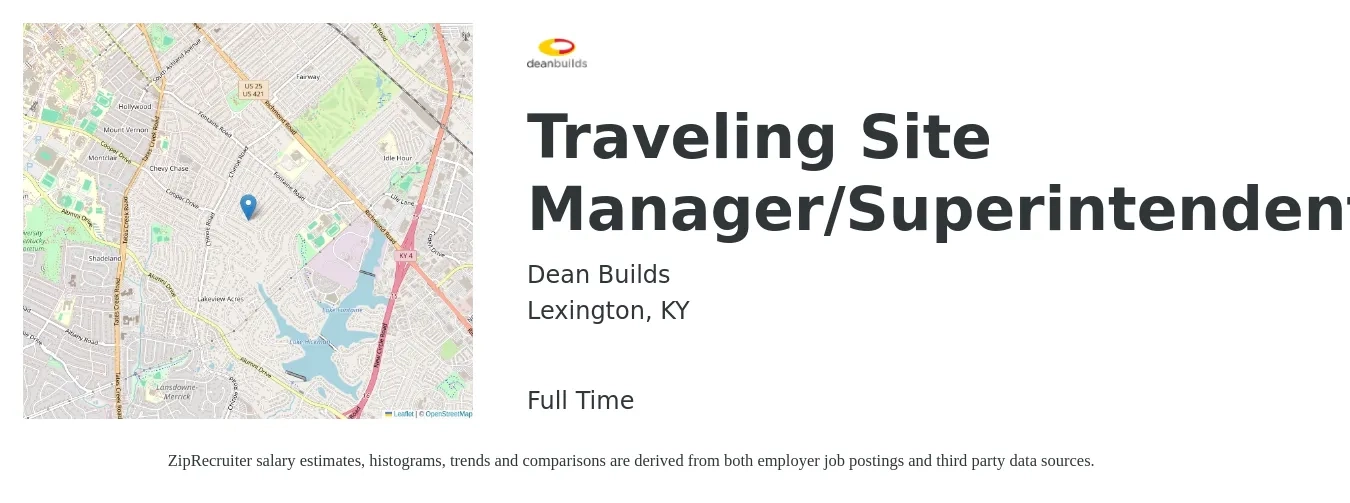 Dean Builds job posting for a Traveling Site Manager/Superintendent in Lexington, KY with a salary of $72,600 to $101,300 Yearly with a map of Lexington location.