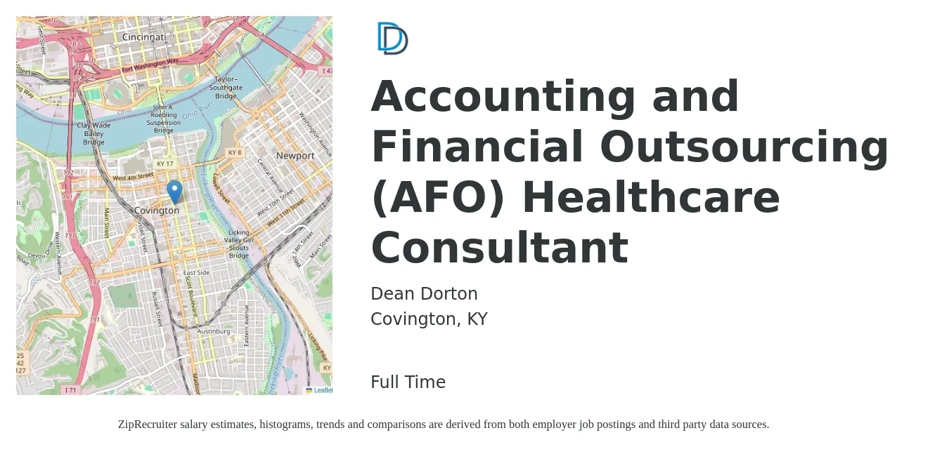Dean Dorton job posting for a Accounting and Financial Outsourcing (AFO) Healthcare Consultant in Covington, KY with a salary of $34 to $60 Hourly with a map of Covington location.