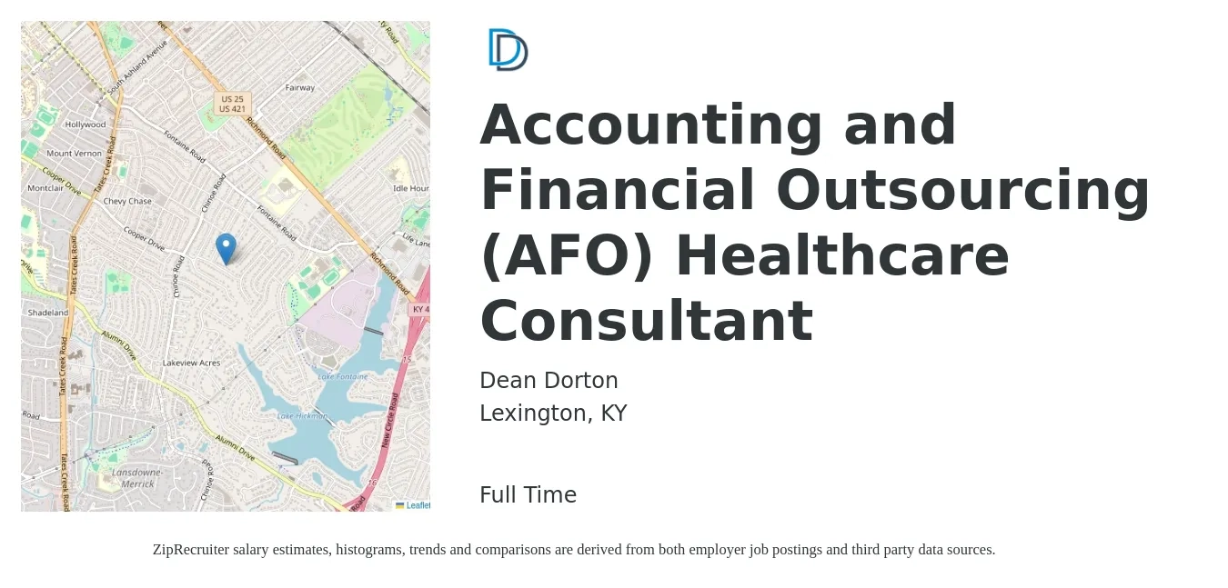 Dean Dorton job posting for a Accounting and Financial Outsourcing (AFO) Healthcare Consultant in Lexington, KY with a salary of $31 to $54 Hourly with a map of Lexington location.