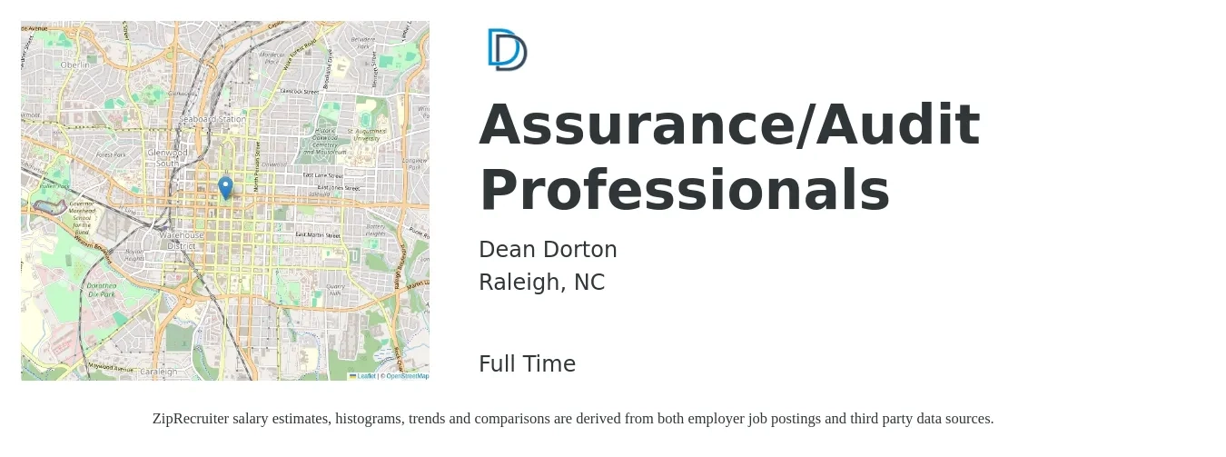 Dean Dorton job posting for a Assurance/Audit Professionals in Raleigh, NC with a salary of $20 to $37 Hourly with a map of Raleigh location.
