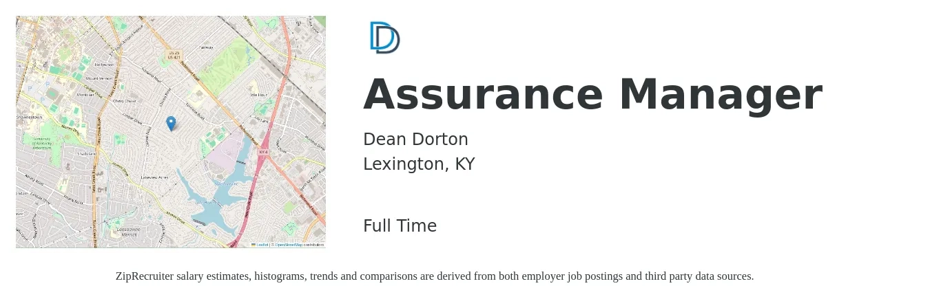 Dean Dorton job posting for a Assurance Manager in Lexington, KY with a salary of $97,400 to $117,500 Yearly with a map of Lexington location.